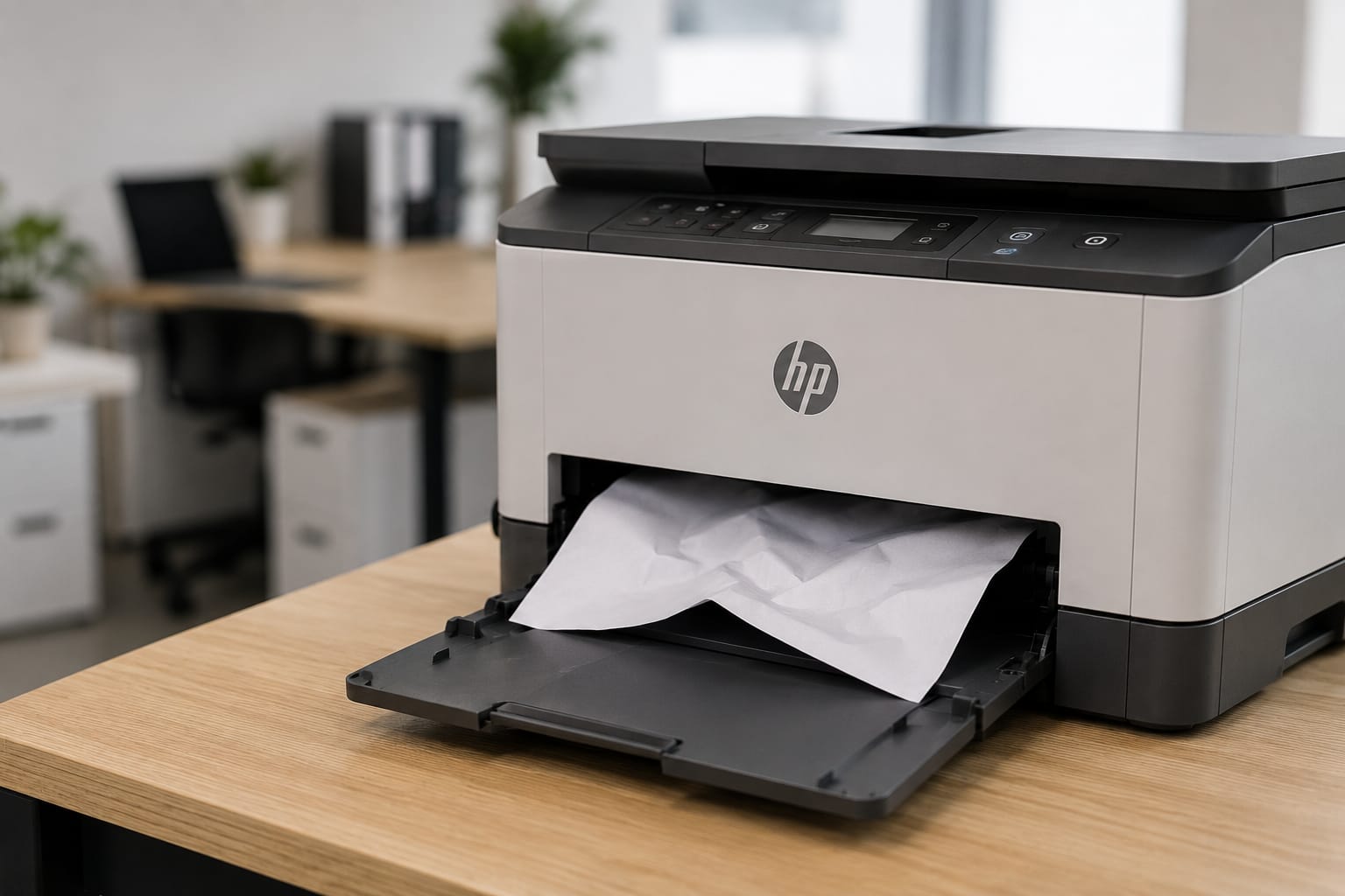 Impresora HP con papel atascado durante un proceso de impresión.