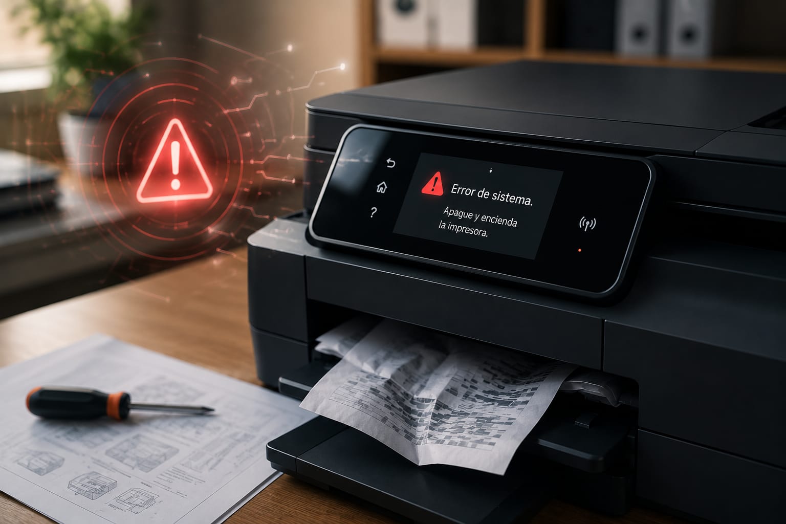 Impresora HP mostrando un error de sistema en la pantalla