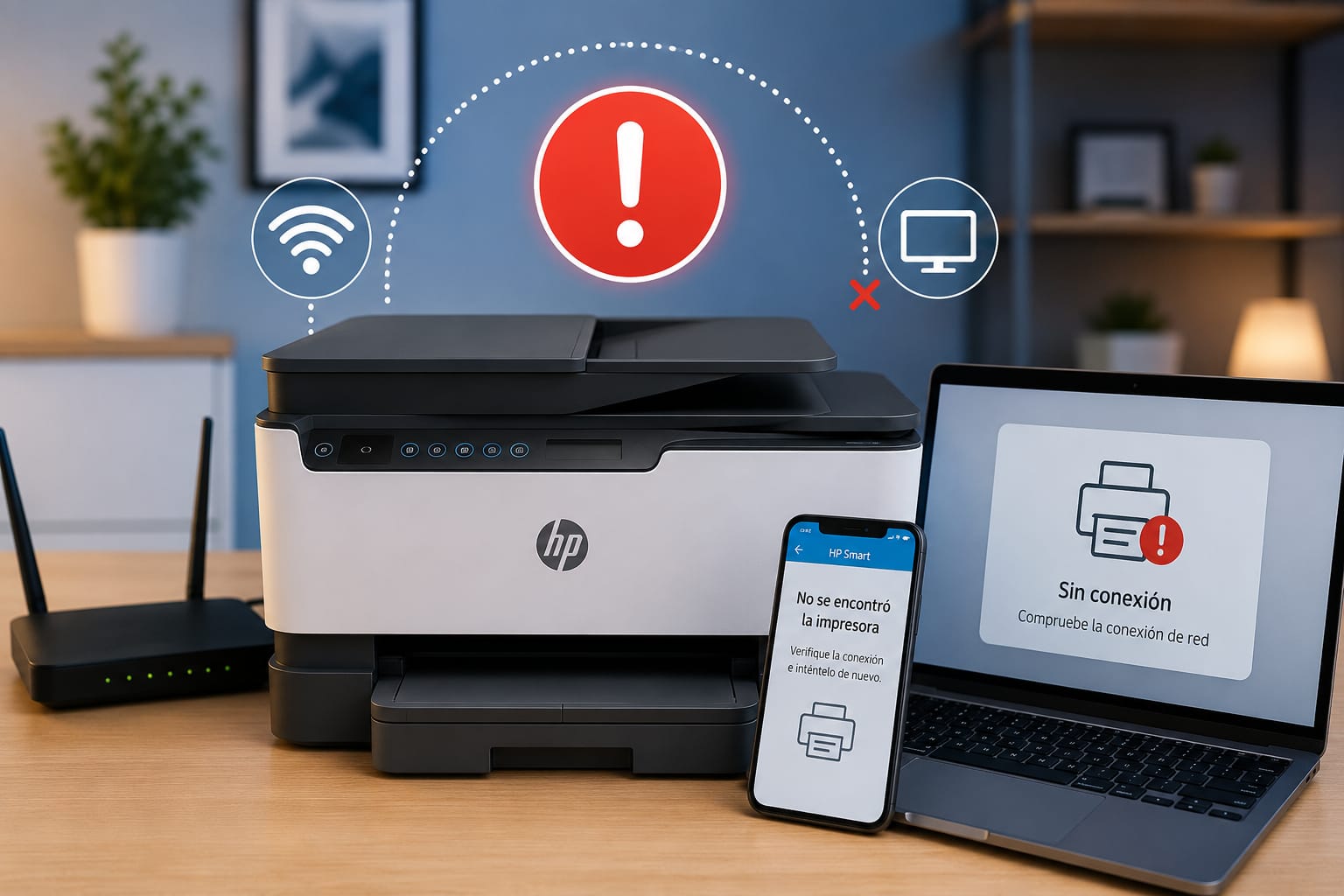 Impresora HP con error de configuración y conectividad que impide la comunicación con el computador y la red WiFi