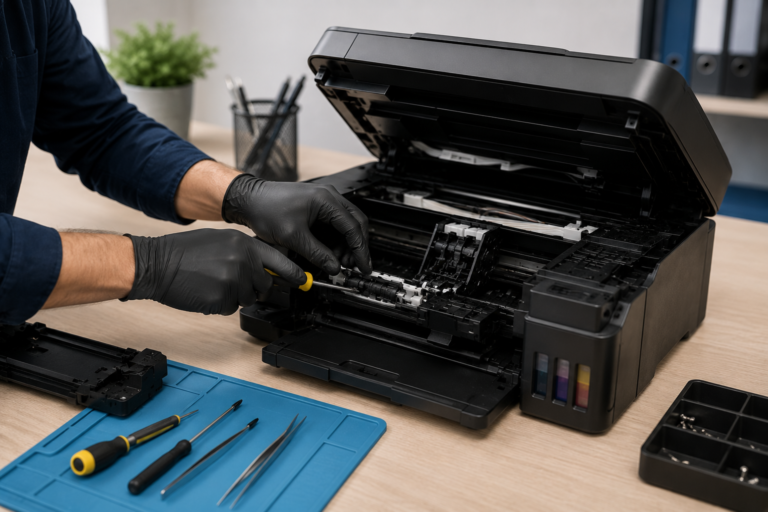 Técnico realizando reparación de impresora HP en Santiago