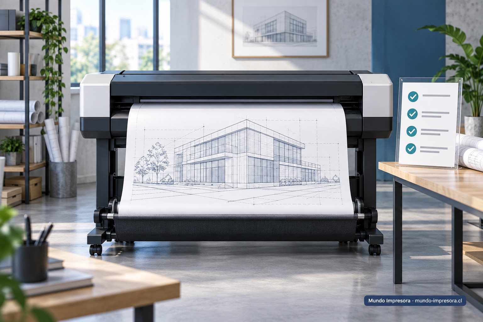 Ilustración de plotter con plano y lista de comprobaciones previas